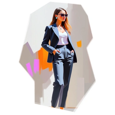 A fashion illustration featuring a tall model with a confident pose, wearing a sleek, tailored outfit. She has long hair cascading elegantly over one shoulder and is accessorized with bold, statement earrings. The outfit consists of a fitted blazer in a deep navy color, paired with chic high-waisted trousers. The model stands against a minimalist background, her posture highlighting the sophistication of her ensemble. Her expression is poised and fashion-forward, embodying the latest trends in style.