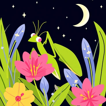 An orchid mantis with vibrant green and pink hues is perched delicately on a bright pink flower in a tropical garden. The mantis is observing its surroundings with large, expressive eyes. Surrounding the mantis are various lush green leaves and colorful tropical flowers, including yellow hibiscus and blue agapanthus. The night sky is filled with twinkling stars and a glowing crescent moon shining down, casting soft light on the garden. The scene captures the intricate details of the mantis and the rich variety of plants in its vibrant environment.