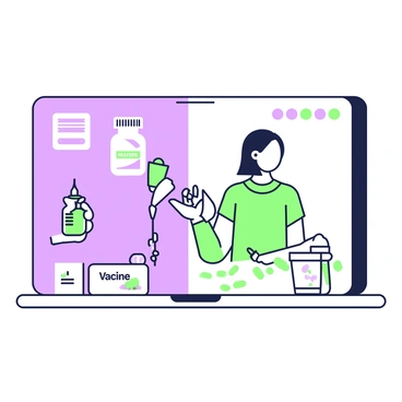 A split screen divided into two sections. On the left side, there is an illustration of a vaccine vial with a label that reads "Vaccine" in quotes. Next to the vial, there is a syringe filled with a transparent liquid, ready for injection. Behind these items, a medical professional wearing a white coat and gloves is preparing a patient's arm for vaccination. On the right side, there is an illustration of antibiotic pills displayed on a surface, arranged neatly, with a label that reads "Antibiotic" in quotes next to them. Beside the pills, there is an open pill bottle with a few capsules spilled out. In the background, an individual is holding a glass of water, preparing to take the antibiotic.