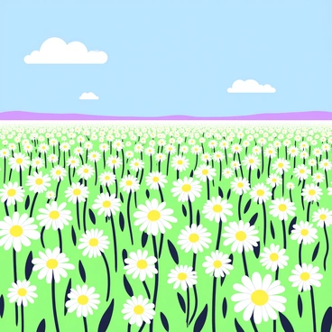 A vast field covered with numerous daisies, each standing tall. The daisies have white petals and bright yellow centers, creating a striking contrast as they sway gently in the breeze. In the background, a blue sky stretches endlessly above the field. A few fluffy clouds drift lazily across the sky, while the sun casts soft shadows on the ground, enriching the vibrant scene. The movement of the daisies creates a rhythmic pattern across the landscape.