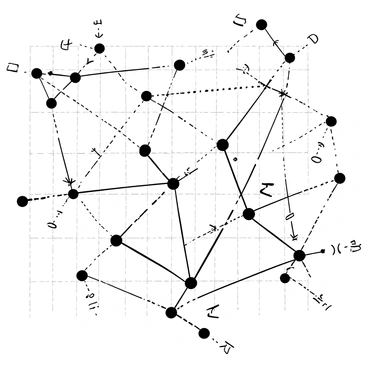 An intricate web of mathematical formulas is drawn across the image, with each formula connecting to various points represented by small dots. The formulas include geometric shapes, algebraic expressions, and calculus equations, all interlinked through fine black lines. The background features a grid pattern to enhance the mathematical theme. Each connection point is clearly defined, creating a complex network of relationships between the formulas.