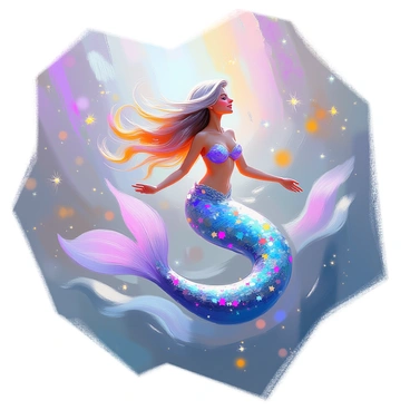 A mermaid with long flowing hair swims gracefully through a vast galaxy. Her tail shimmers, composed of various elements including glitter, paint textures, and intricate digital effects that create a vibrant, colorful pattern. The surrounding galaxy is filled with twinkling stars and swirling nebulae in shades of blue, purple, and pink. The mermaid's expression is one of joy and freedom as she navigates the cosmic waters, with light reflecting off her unique tail, enhancing the magical atmosphere.