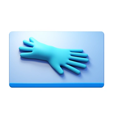 A glove lying flat on a table with its fingers spread out. The surface of the table is smooth and shiny, reflecting the light above. The glove is positioned in a way that illustrates its contact with the table, emphasizing the concept of static friction. The fabric of the glove is visible, showing its texture and color. There are no other objects around the glove, allowing focus on its placement and the interaction with the table surface.