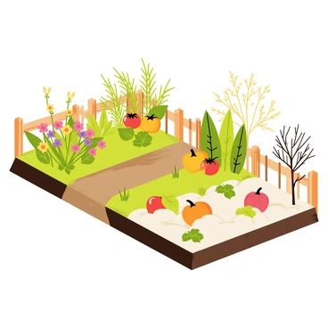 A potager garden with distinct sections representing each of the four seasons. In one area, vibrant spring flowers in shades of pink, yellow, and purple bloom alongside fresh green leaves. Next to it, summer features lush greenery and ripe vegetables like tomatoes and peppers, with a warm golden light illuminating the scene. The autumn section showcases pumpkins and squash with trees shedding their orange, red, and brown leaves. Finally, a winter section has bare branches and patches of snow, with a few hardy plants peeking through. The entire garden is enclosed by a rustic wooden fence, enhancing the seasonal transitions.