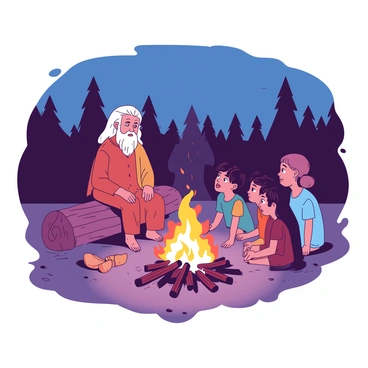 An elder with a weathered face and white hair is sitting on a log beside a warm fire. The fire crackles with orange flames, casting a soft glow on the scene. Surrounding the elder, there are several attentive children, their faces illuminated by the firelight. The children are seated on the ground, some with wide eyes, while others lean in closer to listen intently. The background is filled with silhouettes of trees against the night sky, creating a cozy atmosphere for storytelling.