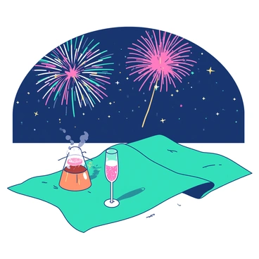 A teal mat is spread out on the ground, adorned with various colorful patterns. Surrounding the mat, vibrant fireworks explode in the night sky, showcasing a mix of bright colors. On the mat, there are two sparkling champagne glasses filled with bubbly champagne, positioned elegantly beside a small orange party hat. The scene captures the festive atmosphere, celebrating the arrival of the New Year.
