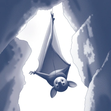 A bat suspended upside down from the rough, rocky ceiling of a cave. The bat's wings are folded tightly against its body, showcasing its distinct features such as large ears and sharp claws. Moonlight streams through a jagged opening in the cave wall, casting soft white light that illuminates the bat and highlights the textured surfaces of the cave walls. Shadows play across the rocks, creating a contrast between light and dark areas, enhancing the mysterious atmosphere of the cave.
