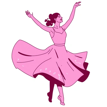 A pink dancer mid-twirl with her arms gracefully extended upwards. Her dress is billowing out around her, creating fluid lines and patterns that resemble flowing words. The fabric of her dress has intricate designs that flow seamlessly as she spins. Her hair is caught in motion, dancing along with her movements, and her facial expression is one of joy and concentration. The background is softly blurred, emphasizing the dancer's dynamic pose and the elegant lines of her dress.