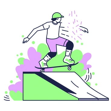 A skateboarder is executing an impressive trick on a half-pipe. The skateboarder has a helmet and knee pads, wearing a fitted shirt and shorts. The skateboard is mid-air, tilted at an angle, showcasing the movement. Dynamic motion lines radiate from the skateboarder, emphasizing the speed and energy of the trick. The half-pipe is constructed of wood with a smooth surface, and the background features abstract shapes that suggest a vibrant atmosphere.