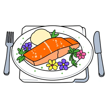 A gourmet dish is beautifully arranged on a white plate, showcasing a colorful assortment of vibrant ingredients. The dish features a perfectly seared piece of salmon, glistening with a light glaze, accompanied by a small mound of creamy mashed potatoes. Surrounding the salmon are delicate sprigs of fresh herbs like basil and dill, adding a touch of green. Scattered across the plate are a variety of edible flowers in shades of purple, yellow, and pink, providing a visual pop and enhancing the elegance of the presentation. The table is set with a crisp white linen tablecloth, and fine cutlery is neatly placed beside the plate, creating an inviting atmosphere for a luxurious dining experience.