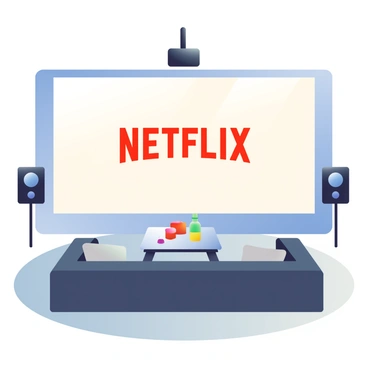 A cozy home theatre setup is visible in a dimly lit room. A large white screen displays the "Netflix" logo in bold red letters. In front of the screen, a sleek black projector is mounted on the ceiling, casting the image. Surround sound speakers are strategically positioned in each corner of the room, featuring a modern design with a glossy finish. A comfortable dark gray couch is arranged facing the screen, adorned with fluffy pillows. The floor is covered with a soft, light-colored carpet, and a coffee table in the center holds snacks and drinks, creating an inviting atmosphere for movie watching.