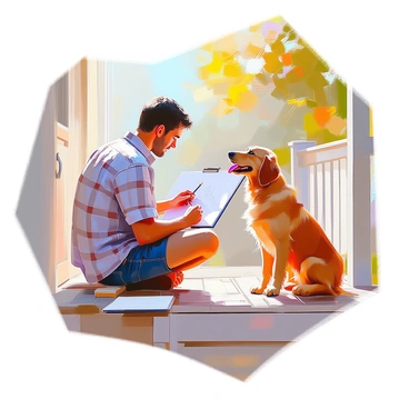 A male illustrator with medium skin and short dark hair is seated on a wooden porch, intently sketching his pet dog. He is wearing a casual plaid shirt and denim shorts. His sketchbook is open on his lap, and he holds a pencil in one hand while carefully observing his dog. The pet dog, a fluffy golden retriever, sits nearby with a playful expression, its tongue out and tail wagging slightly. Sunlight filters through the trees, casting gentle shadows on the porch, enhancing the relaxed atmosphere of the scene.