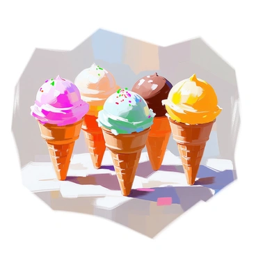 A collection of ice cream cones showcasing an array of solid colors representing different flavors. The cones are arranged in a circular pattern, with each cone topped with a scoop of ice cream. One cone features a vibrant pink scoop, possibly strawberry, while another has a rich brown scoop, resembling chocolate. A bright green scoop sits atop a cone, indicating a mint flavor, and a sunny yellow scoop represents lemon. Each cone is distinct, with the waffle texture of the cones visible, and some have sprinkles or small fruit pieces on top for added detail. The background is a simple, neutral tone to highlight the colorful cones.