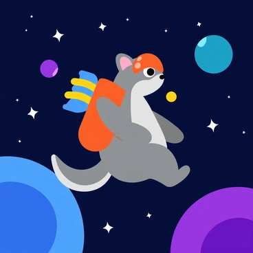 A gray squirrel wearing a shiny, small helmet floats in the dark expanse of space. The jetpack on its back is bright orange, with small blue thrusters emitting a soft glow. Surrounding the squirrel are twinkling stars and distant planets in shades of blue and purple. The squirrel's fluffy tail trails behind it as it propels through the cosmos, showcasing its curious expression.