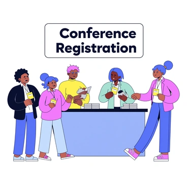 A busy conference registration desk with a clean, modern design. There are several attendees standing in line, eagerly waiting to check in. Each attendee is holding a small item, such as a notebook or a pen. The registration desk is staffed by two individuals who are assisting the attendees by handing out name badges. The name badges are brightly colored with a lanyard attached. Behind the desk, there are stacked materials, including brochures and schedules, neatly organized. A large sign above the desk reads "Conference Registration" in bold letters.