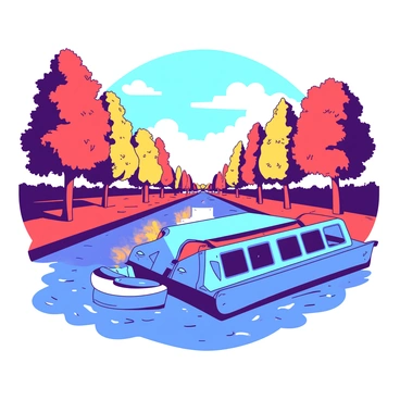 A blue canal barge is gliding smoothly along a serene waterway. On either side of the canal, tall trees are adorned with colorful autumn leaves in shades of red and yellow. The vibrant foliage reflects beautifully on the calm surface of the water, creating a stunning mirror effect. The sky above is clear with a few wispy clouds, enhancing the tranquil atmosphere of this picturesque scene.