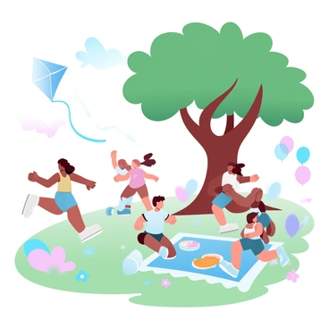 A group of children of various ethnic backgrounds is playing together in a park. Some children are running while others are sitting on the grass, all surrounded by colorful flowers. A large tree provides shade while bright sunlight filters through its leaves. A kite is flying high in the sky, and a picnic blanket with snacks is spread out nearby. Balloons in different colors float gently in the air, adding to the joyful atmosphere. "Laughter" is depicted through the children's body language as they engage with each other.