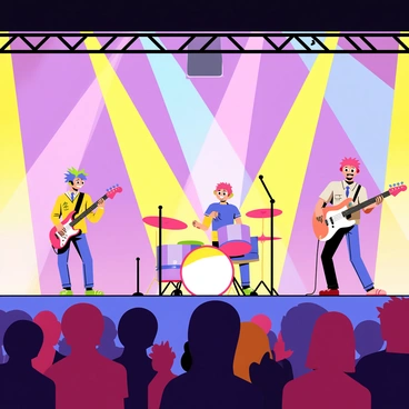 A vibrant stage featuring an anime band with four members is set against a backdrop of colorful lights. The lead singer, a character with bright blue hair and a microphone, stands at the front, while the guitarist, with spiky green hair, plays energetically to the side. The drummer, wearing headphones, is situated at the back, behind a glowing drum set. The bassist, with pink hair, is positioned at the other side, strumming a colorful bass guitar. The crowd in front of the stage is a mix of fans with various hairstyles and outfits, all cheering enthusiastically. Bright, multi-colored lights beam from the stage, illuminating the performers and creating an electrifying atmosphere.