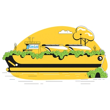 A tank barge floating on calm water, featuring a sleek, modern design. The barge is covered with vibrant green vegetation that drapes over the sides, blending seamlessly into the natural surroundings. Small flowering plants peek out among the greenery, creating a lush appearance. The barge is equipped with solar panels on the roof, emphasizing its eco-friendly design. In the background, gentle waves ripple against the hull, with hints of nearby trees and a clear sky reflecting on the water's surface.