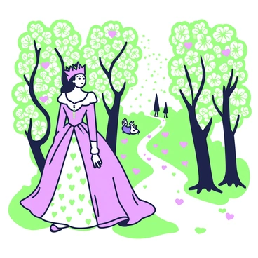 The "queen of hearts" is walking gracefully through an "enchanted forest." She is wearing an elaborate gown adorned with patterns resembling hearts. The "trees" surrounding her are tall and majestic, with "heart-shaped leaves" in abundance, creating a whimsical atmosphere. Sunlight filters through the leaves, casting intricate shadows on the ground. In the background, a path winds through the forest, leading deeper into the magical setting. Small creatures peek out from behind the trees, adding life to the scene.