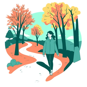 A teal person is walking along a winding forest trail covered with orange autumn leaves. Tall trees with branches adorned in shades of yellow surround the path, their leaves gently falling to the ground. Sunlight filters through the branches, casting dappled shadows on the trail. The person is wearing a light jacket and has a relaxed expression as they stroll, enjoying the vibrant colors of the season.
