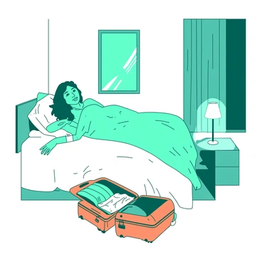 A teal traveler with a content expression is lounging on a white cozy bed in a hotel room. The bed is neatly made with fluffy white pillows and a soft blanket. Blackout curtains are drawn, blocking out any light from the outside. An open orange suitcase is positioned at the foot of the bed, revealing neatly folded clothes and travel essentials inside. On a nearby bedside table, there is a small white lamp casting a soft glow in the room.
