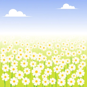 A vast field of white daisies with bright yellow centers is spread across the foreground. The daisies are gently swaying in the breeze, creating a wave-like motion throughout the field. Above, a clear blue sky stretches endlessly, with a few fluffy white clouds scattered lightly across the horizon. The sun shines brightly, illuminating the flowers and enhancing their vibrant colors.