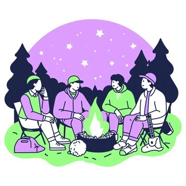 A group of friends is sitting around a campfire at night. The fire is crackling and casting light onto their faces. They are seated on logs and camping chairs, wearing jackets and hats. One friend is speaking animatedly, while others are listening intently, with expressions of amusement and curiosity. Above them, the sky is filled with stars, twinkling brightly. Surrounding the campfire, there are scattered bags and a guitar resting against a log. In the background, silhouettes of trees frame the scene, creating a cozy atmosphere.