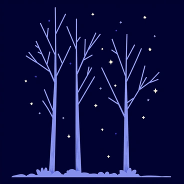 A dark blue night sky filled with bright white stars. Silhouetted against the sky, several tall trees with thin branches extending outward. The branches intertwine to create shapes resembling constellations. The trees have dense foliage at their bases, and their trunks are strong and textured. A gentle breeze rustles the leaves, and a few stars twinkle brightly among the branches. The scene conveys a magical connection between nature and the cosmos.