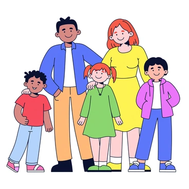 A modern family portrait featuring two parents and three children. The parents are standing in the middle, one is wearing a blue shirt and the other a yellow dress. The three children are positioned around them, one child is wearing a red t-shirt, another in a green dress, and the last child in a purple hoodie. All family members are smiling, showcasing a sense of joy and togetherness. The background is plain, allowing the focus to remain on the family.