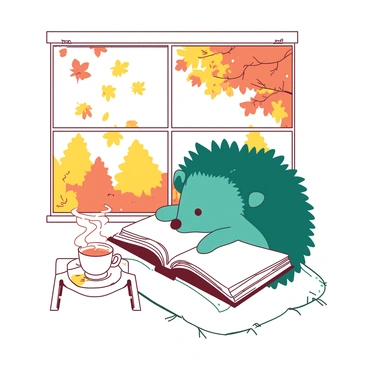 A teal hedgehog, with its spiky quills slightly ruffled, is sitting comfortably on a soft white cushion, engrossed in a large book. The hedgehog's little paws hold the book open, and its small round eyes are focused on the pages. Beside the hedgehog, there is a steaming cup of tea resting on a small white table. The window behind the hedgehog showcases a vibrant view of autumn leaves, painted in various shades of yellow and orange, gently falling from the trees outside. Sunlight filters through the window, casting a warm glow over the cozy scene.