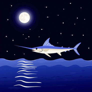 A sailfish with a long, slender body and an elongated dorsal fin is gliding gracefully under a night sky filled with sparkling stars. The moon is glowing brightly, casting shimmering light on the surface of the ocean, creating a trail of silver reflections. The sailfish's vibrant blue and silver colors stand out against the dark water, while gentle waves ripple beneath it. The scene encapsulates the beauty of the ocean at night.