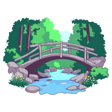 A rustic wooden bridge crossing a small stream in a forest