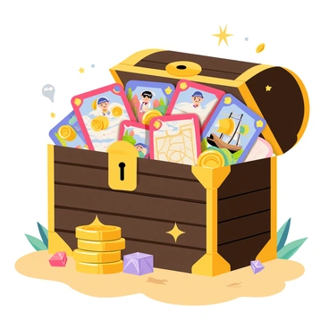 A colorful stack of pirate-themed trading cards spilling out of a treasure chest