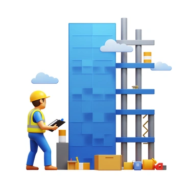 A contractor in bright safety gear inspecting a tall building under construction