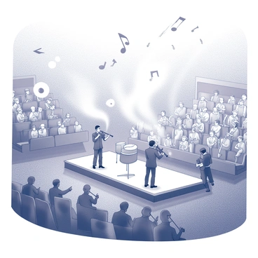 A concert hall filled with rows of seats, all occupied by an enthusiastic audience. Musicians are positioned on stage, playing various instruments such as violins, trumpets, and drums. Each instrument is depicted as releasing dynamic shapes and patterns that represent music, filling the air with movement. The overall atmosphere is vibrant, and the focus is on the musicians and the visual representation of sound enveloping the hall. The intricate details of the instruments and the expressions of the musicians contribute to the lively scene.