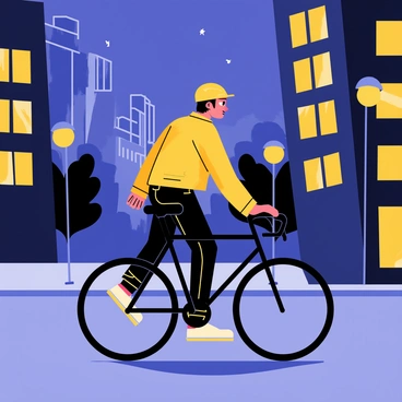 A cyclist wearing a bright yellow helmet and a matching jacket is riding a sleek black bicycle along a city street at night. The street is lined with tall buildings that have windows glowing with warm light. Vintage streetlights cast a soft yellow glow, creating pools of light on the pavement. The cyclist is positioned in the foreground, with a light breeze ruffling their clothing. In the background, there are silhouettes of trees and distant skyscrapers, adding depth to the urban scene. The night sky is a deep blue, with a few twinkling stars visible above.