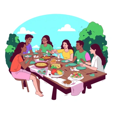 A group of diverse friends sharing a single large meal at a long table