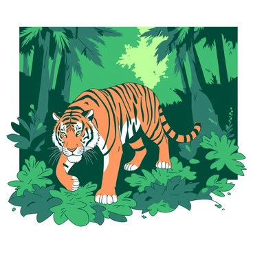 A powerful Bengal tiger with distinctive orange and black stripes is prowling through the lush greenery of a dense Indian jungle. The tiger's powerful muscles are taut as it moves stealthily over a bed of leaves and twigs. Surrounding the tiger are tall, vibrant green trees and thick underbrush that adds depth to the scene. Sunlight filters through the canopy, casting dappled shadows on the ground, highlighting the fierce gaze of the tiger as it surveys its territory.