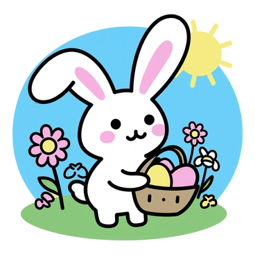 A chibi bunny with large expressive eyes and a small round body is standing in a vibrant garden. The bunny has soft white fur and large floppy ears. It is holding a woven basket filled with colorful Easter eggs, including shades of pink, blue, yellow, and green. The garden is filled with blooming flowers, including daisies and tulips, under a bright sun shining in a clear blue sky. Green grass surrounds the bunny, creating a lively and cheerful atmosphere.