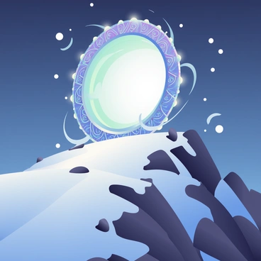 A mystical portal is located at the peak of a snowy mountain, glowing with an iridescent light. The portal's edges are adorned with intricate, swirling patterns that shimmer in shades of blue and purple. Icy winds are swirling around the edges, causing snowflakes to dance in the air. The mountain is steep with a blanket of fresh, white snow covering its surface. Dark, rocky crags jut out from the snow, contrasting with the bright portal above. The sky is a deep twilight blue, adding to the enchantment of the scene.