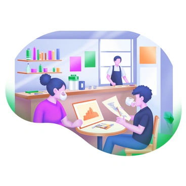 A cozy café scene featuring several art students. Two students are sitting at a small round table, both sipping coffee from white mugs. One student has a sketchbook open, showcasing a pencil drawing of a still life, while the other is doodling with colored pencils on a blank page. In the background, there are shelves filled with art supplies and colorful posters on the walls. A barista is behind the counter, preparing drinks, and sunlight is streaming through large windows, casting soft shadows across the wooden floor.