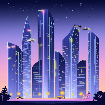 A futuristic city skyline featuring tall, sleek skyscrapers with glass facades. Each skyscraper is adorned with pulsating "ohr lights" of various colors, illuminating the buildings in a vibrant display. The skyline is set against a twilight sky, with stars beginning to twinkle overhead. In the foreground, there are a few flying cars gliding between the buildings, adding a sense of motion and advanced technology to the scene. The streets below are bustling with small futuristic vehicles and pedestrians, hinting at a lively urban atmosphere.