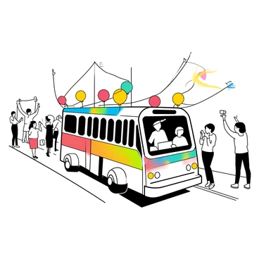 A public bus adorned with colorful decorations is driving through a lively street during a parade. The bus features vibrant banners and balloons attached to its sides, while streamers flow in the wind. People are gathered along the sidewalk, some waving, while others are taking pictures. A few children are cheering, their faces filled with excitement. The atmosphere is energetic, and various floats and performers can be seen in the background, creating a festive scene.