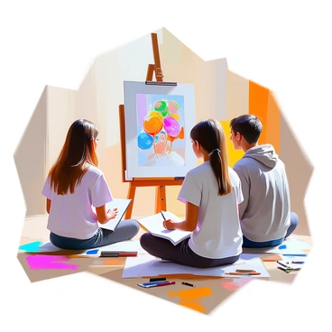 A group of art students is sitting on a wooden floor, each with sketchbooks and pencils in hand, intently capturing the details of a famous illustration piece displayed in front of them. The students have a variety of hair colors and styles, and they dress in casual clothing. One student is leaning forward, closely examining the illustration, while another is glancing at their own sketch. The illustration piece is vibrant and detailed, placed on an easel at the center of the scene, drawing the students’ full attention as they concentrate on their sketches. There are art supplies scattered around them, including colored pencils and erasers.