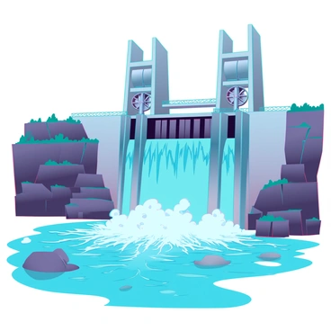 A grand hydroelectric dam constructed from grey concrete and steel. It features towering vertical structures with multiple large turbines visible. Water is cascading down the dam in a powerful rush, creating a misty spray at the base. The water tumbles over the edge in a crashing torrent, creating dynamic splashes. The surrounding landscape includes rocky terrain and sparse vegetation, highlighting the scale of the dam against the backdrop of a clear blue sky.