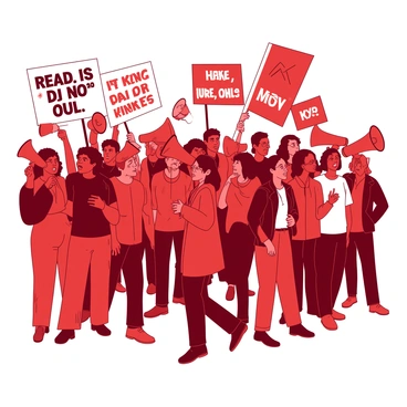 A vibrant crowd of diverse individuals using megaphones to voice their opinions