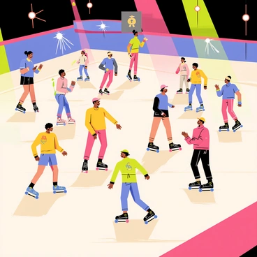 A vibrant indoor roller rink filled with people rollerblading in colorful outfits. The rink features a smooth, shiny wooden floor reflecting bright lights. Disco lights in various colors, such as pink, green, and blue, illuminate the space, creating dynamic patterns on the floor. Groups of rollerbladers are sharing laughter and performing tricks, while others glide effortlessly around the rink. Some skaters wear protective gear, and others sport fun accessories like glow sticks and colorful headbands. The atmosphere is lively and energetic, with a sense of excitement in the air.