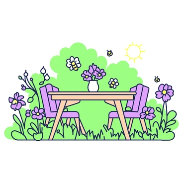 A garden table made of wood is positioned in a vibrant garden. Surrounding the table are various blooming flowers, with many petals open, displaying their natural forms. Bees are flying around the flowers, engaging in the pollination process. The table is set with a small vase holding fresh flowers, and there are chairs around it. In the background, green foliage provides a lush setting, enhancing the garden atmosphere. Sunlight casts gentle shadows on the table, creating a warm and inviting scene.