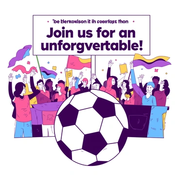 An energetic sports event invitation features a vibrant scene filled with cheering fans holding colorful banners and flags. In the center, there is a large black and white soccer ball prominently displayed. The fans are wearing jerseys in various colors, with some holding foam fingers raised in excitement. Above the soccer ball, the text "Join us for an unforgettable match!" is displayed in bold letters. The overall atmosphere radiates enthusiasm and community spirit.